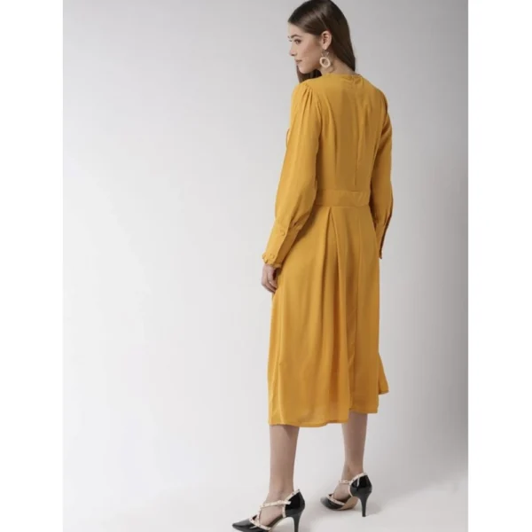 Women's Polyester Pintuck Long Sleeves Below Knee Dress (Yellow) - Image 5