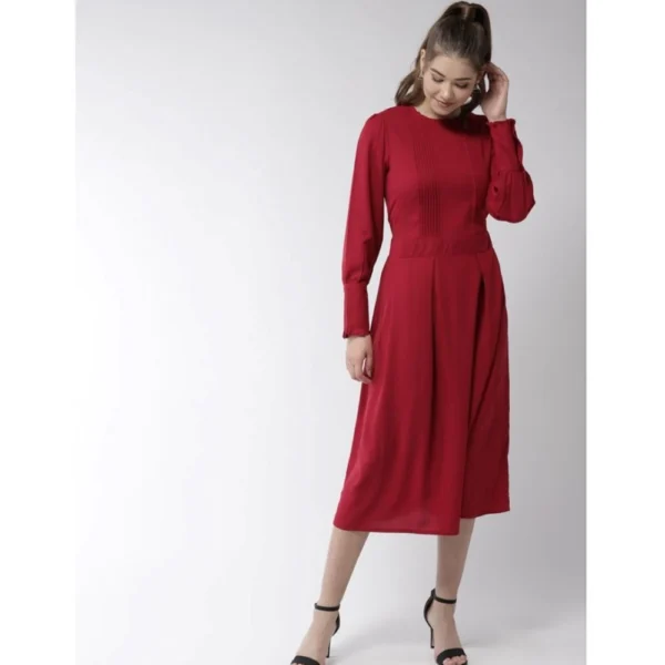 Women's Polyester Pintuck Long Sleeves Below Knee Dress (Red) - Image 5