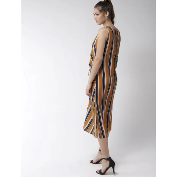 Women's Polyester Striped Sleeveless Below Knee Dress (Mustard) - Image 6
