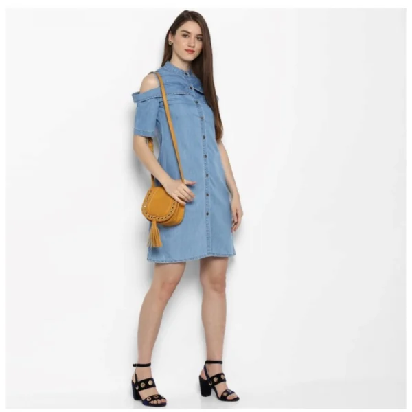 Women's Denim Solid Cold Shoulder Above Knee Dress (Blue) - Image 6