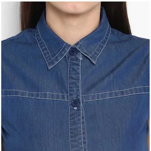 Women's Denim Solid Sleeveless Above Knee Dress (Blue) - Image 2