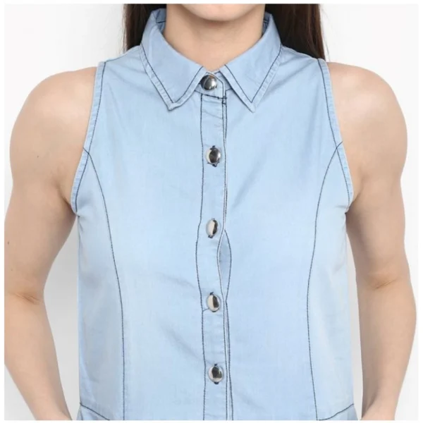 Women's Denim Solid Sleeveless Below Knee Dress (Blue) - Image 2