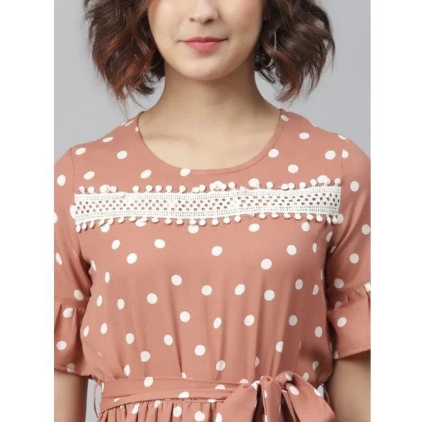 Women's Polyester Polka Bell Sleeve Above Knee Dress (Brown) - Image 2