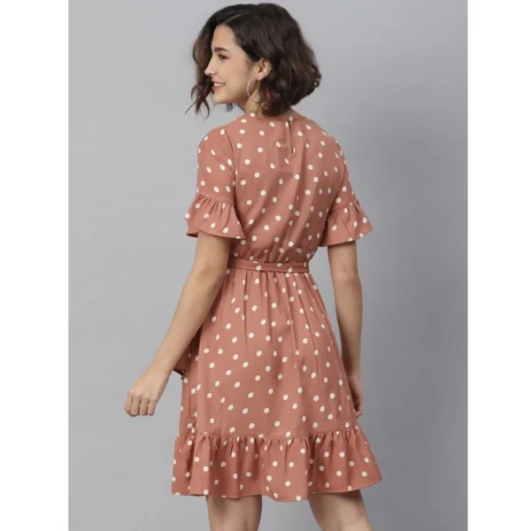 Women's Polyester Polka Bell Sleeve Above Knee Dress (Brown) - Image 6