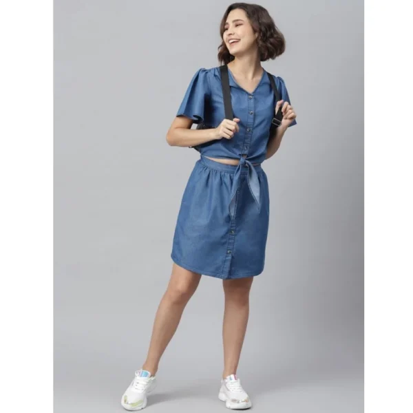 Women's Denim Solid Flutter Above Knee Dress (Blue) - Image 5