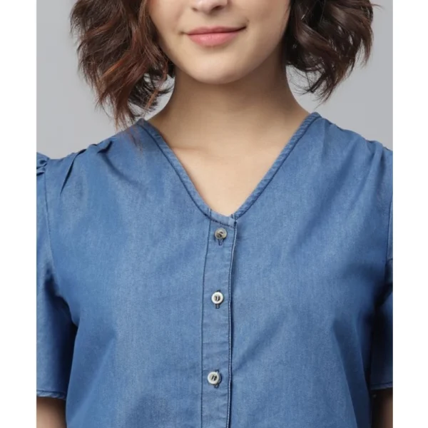Women's Denim Solid Flutter Above Knee Dress (Blue) - Image 2