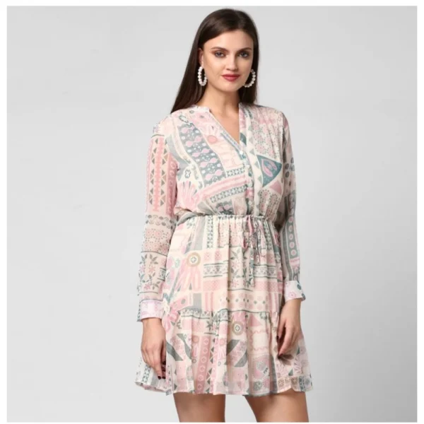 Women's Polyester Printed Long Sleeves Above Knee Dress (Light Pink - Off White) - Image 4