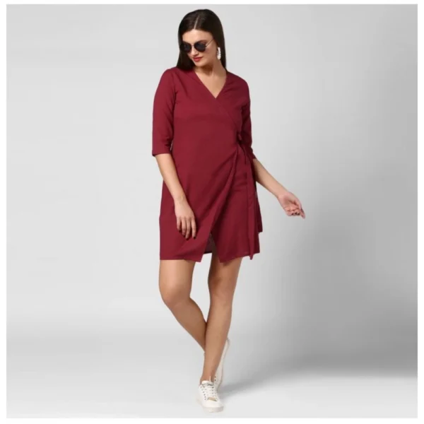 Women's Cotton Solid 3-4th Sleeves Above Knee Dress (Maroon) - Image 5