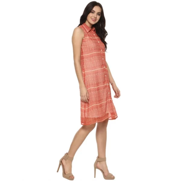 Women's Polyester Printed Sleeveless Above Knee Dress (Orange) - Image 4