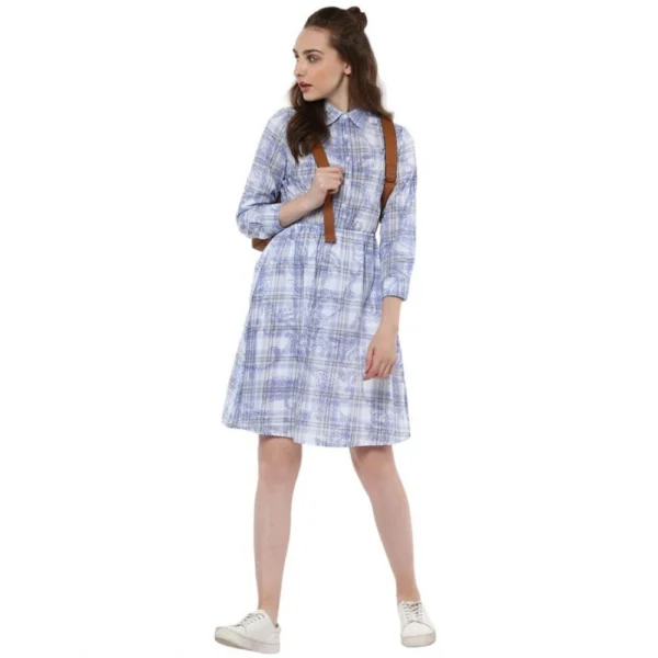 Women's Cotton Checkered Roll Up Sleeve Above Knee Dress (Blue) - Image 6