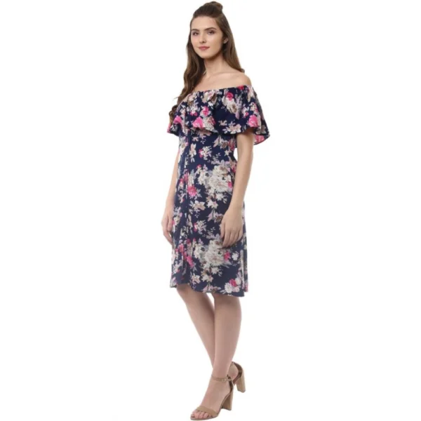 Women's Polyester Crepe Floral Half Sleeve Above Knee Dress (Navy Blue) - Image 3