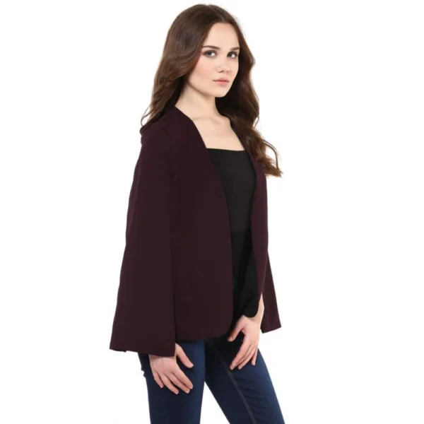 Women's Polyester Solid Cape Sleeve Blazer (Wine) - Image 4