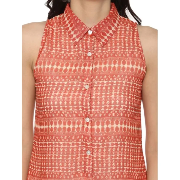Women's Polyester Printed Sleeveless Above Knee Dress (Orange) - Image 2