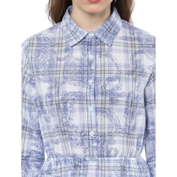 Women's Cotton Checkered Roll Up Sleeve Above Knee Dress (Blue) - Image 2