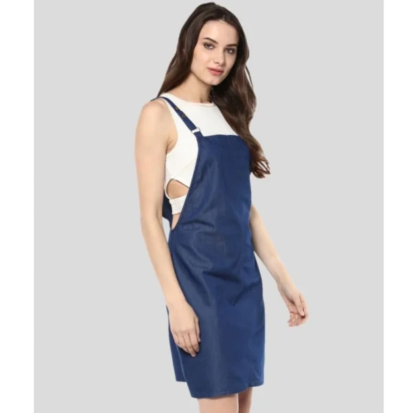 Women's Denim Solid Shoulder Straps Above Knee Dress (Blue) - Image 3