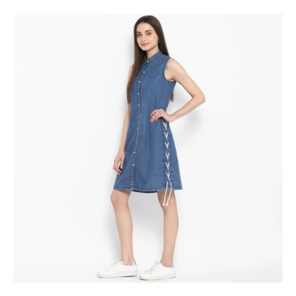 Women's Denim Solid Sleeveless Above Knee Dress (Blue) - Image 3
