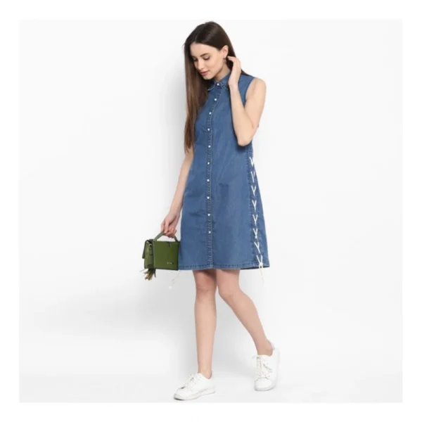 Women's Denim Solid Sleeveless Above Knee Dress (Blue) - Image 6