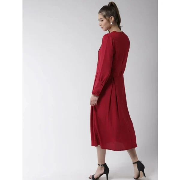 Women's Polyester Pintuck Long Sleeves Below Knee Dress (Red) - Image 6