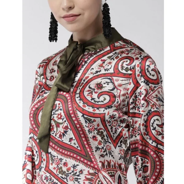 Women's Polyester Printed Long Sleeves Above Knee Dress (Red) - Image 2