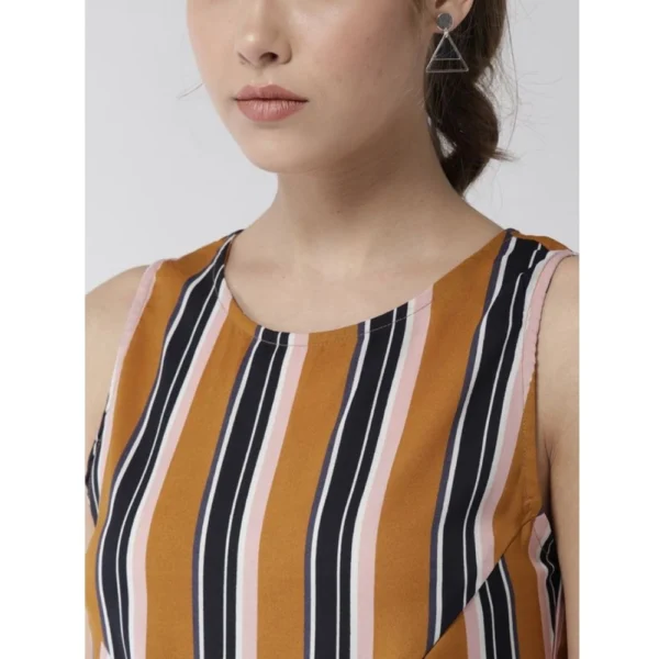 Women's Polyester Striped Sleeveless Below Knee Dress (Mustard) - Image 2