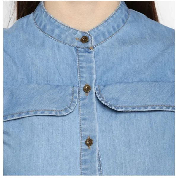 Women's Denim Solid Cold Shoulder Above Knee Dress (Blue) - Image 2