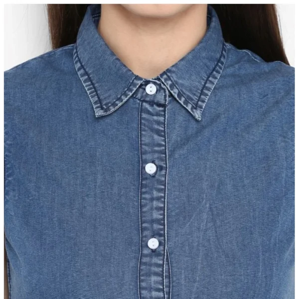 Women's Denim Solid Sleeveless Above Knee Dress (Blue) - Image 2