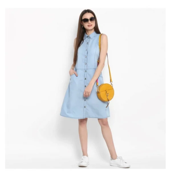 Women's Denim Solid Sleeveless Below Knee Dress (Blue) - Image 6