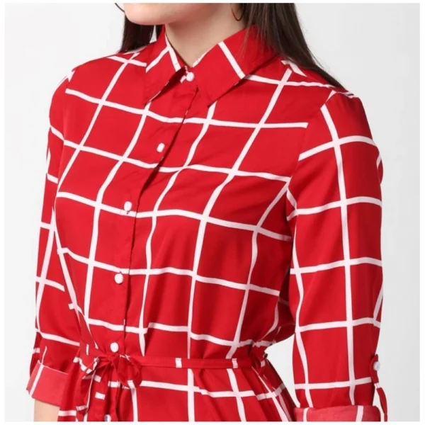 Women's Polyester Checkered Long Sleeves Above Knee Dress (Red) - Image 2