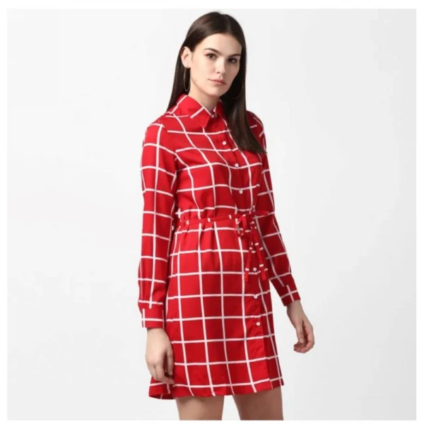 Women's Polyester Checkered Long Sleeves Above Knee Dress (Red) - Image 4