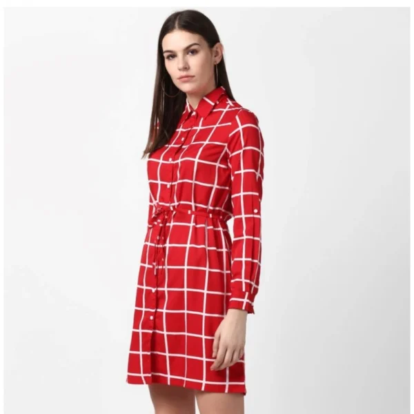 Women's Polyester Checkered Long Sleeves Above Knee Dress (Red) - Image 3