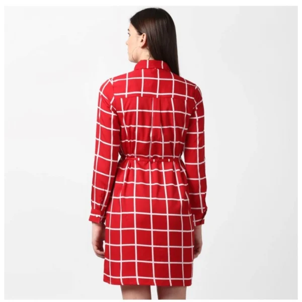 Women's Polyester Checkered Long Sleeves Above Knee Dress (Red) - Image 7