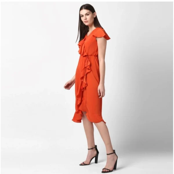 Women's Polyester Ruffled Cap Sleeve Knee-Length Dress (Orange) - Image 3