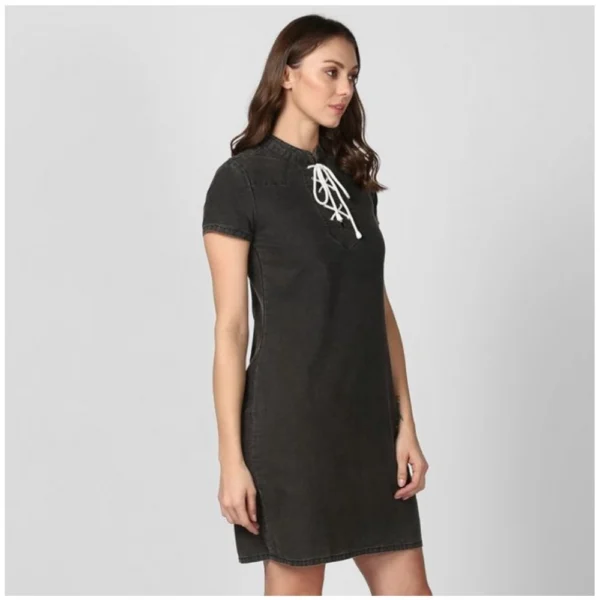 Women's Denim Solid Short Sleeve Above Knee Dress (Black) - Image 3