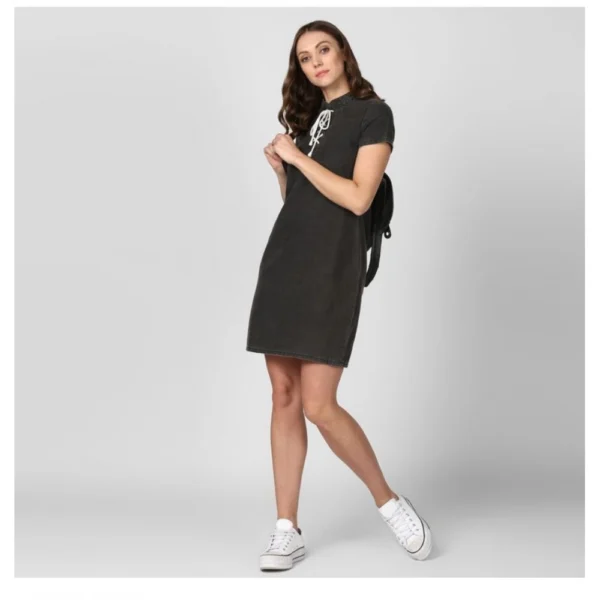 Women's Denim Solid Short Sleeve Above Knee Dress (Black) - Image 5