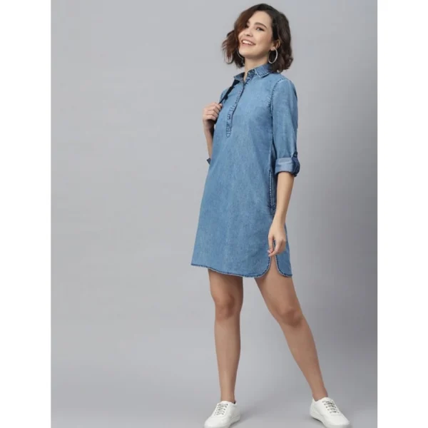 Women's Denim Solid Long Sleeves Above Knee Dress (Ice Blue) - Image 5