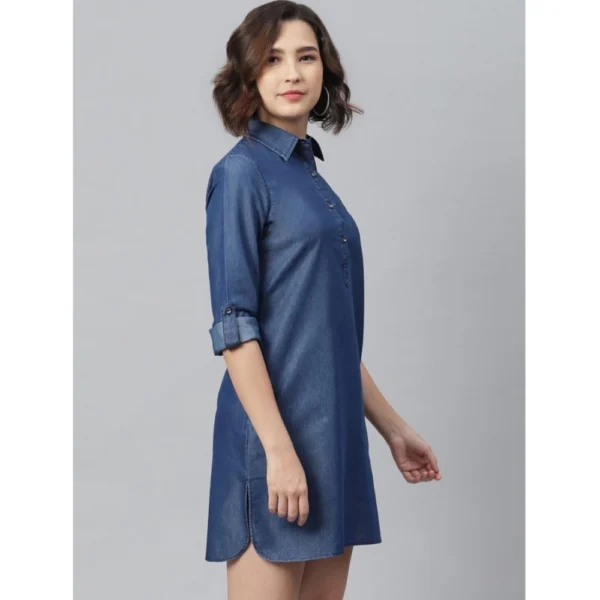 Women's Denim Solid Long Sleeves Above Knee Dress (Navy Blue) - Image 3