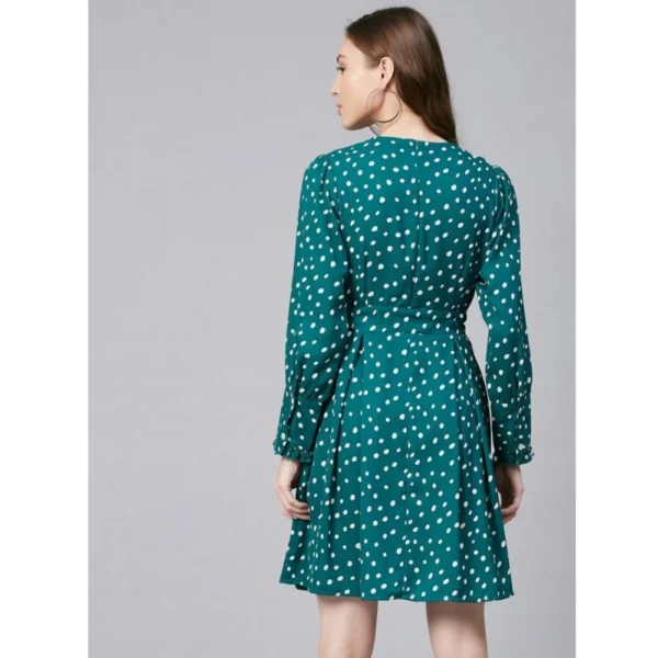 Women's Polyester Polka Long Sleeves Above Knee Dress (Green - White) - Image 7