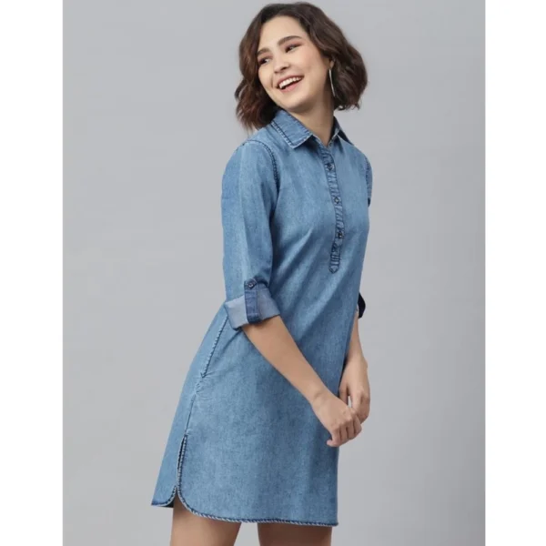 Women's Denim Solid Long Sleeves Above Knee Dress (Ice Blue) - Image 3