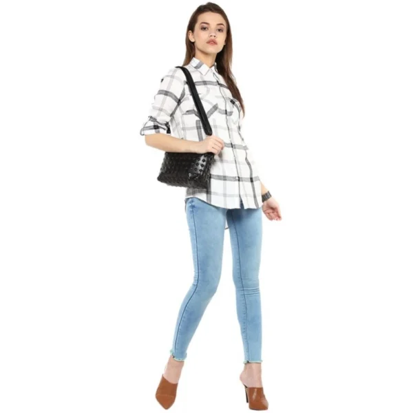 Women's Rayon Checkered Long Sleeves Standard Length Shirt (Black - White) - Image 5