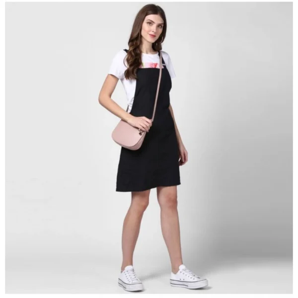 Women's Denim Solid Shoulder Straps Above Knee Dungaree (Black) - Image 5