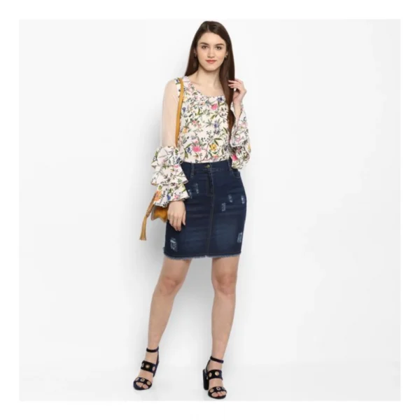 Women's Denim Distressed Buttoned Skirt (Blue) - Image 6