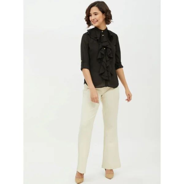 Women's Polyester Ruffled Long Sleeves Standard Length Shirt (Black) - Image 6