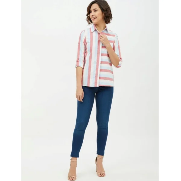 Women's Cotton Striped Long Sleeves Standard Length Shirt (Pink) - Image 6