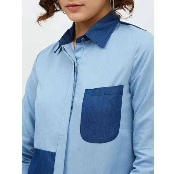 Women's Denim Patch Work Long Sleeves Standard Length Shirt (Blue) - Image 2