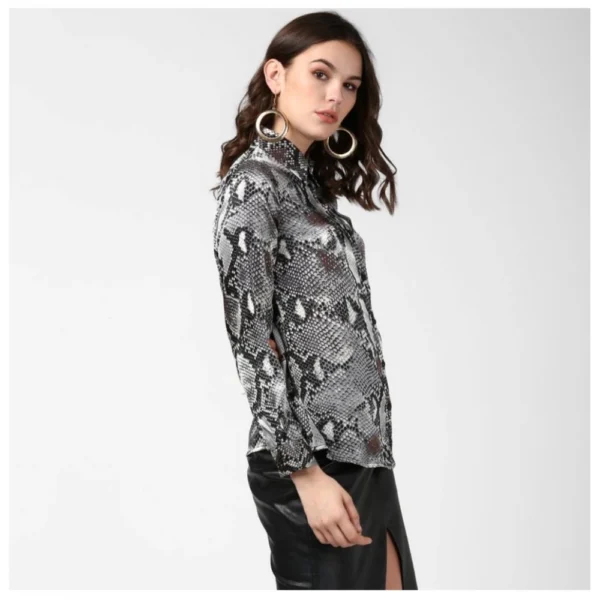 Women's Satin Animal Print Long Sleeves Standard Length Shirt (Black - Grey) - Image 4