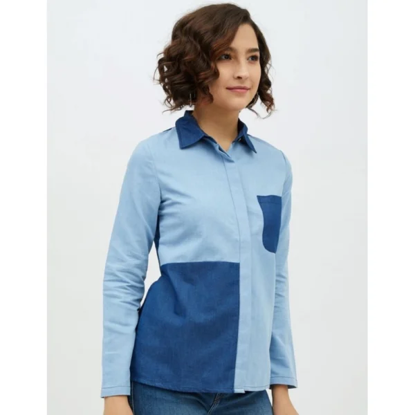 Women's Denim Patch Work Long Sleeves Standard Length Shirt (Blue) - Image 4