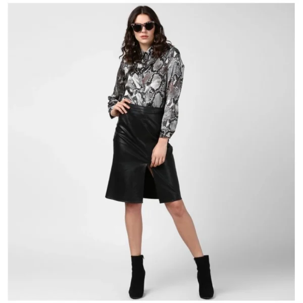Women's Satin Animal Print Long Sleeves Standard Length Shirt (Black - Grey) - Image 6