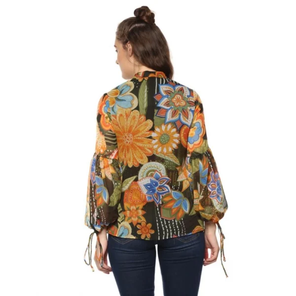 Women's Polyester Floral Balloon Sleeve Top (Mustard - Olive) - Image 7
