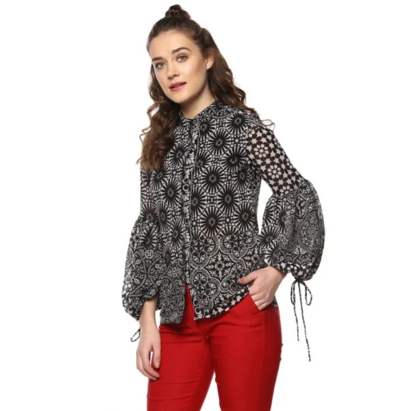 Women's Polyester Printed Balloon Sleeve Top (Black - White) - Image 3