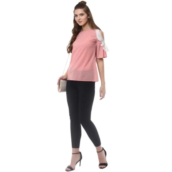 Women's Polyester Lace Inserts Half Sleeve Top (Pink) - Image 6